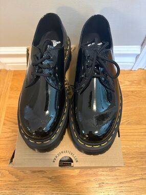 Dr. Martens Black Patent Platform Lace-Up Shoe with Yellow Stitching